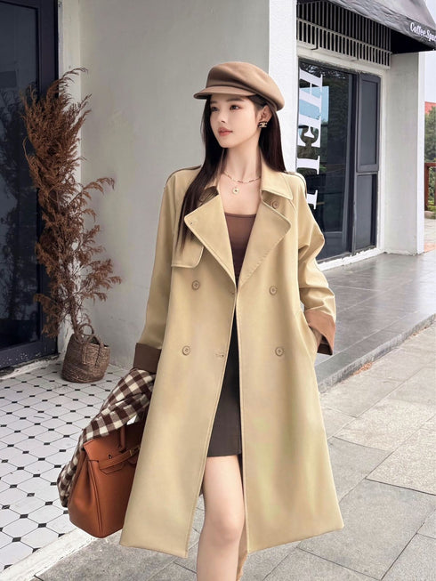 Women Double Breasted Collar Down Color Contrast Trench Coat